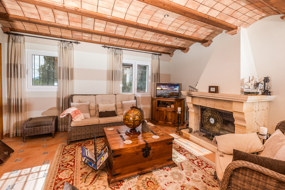 Salon avec plafond en voûte catalane et poutres apparentes, cheminée en pierre et sol en terre cuite orné de cabochons décoratifs.