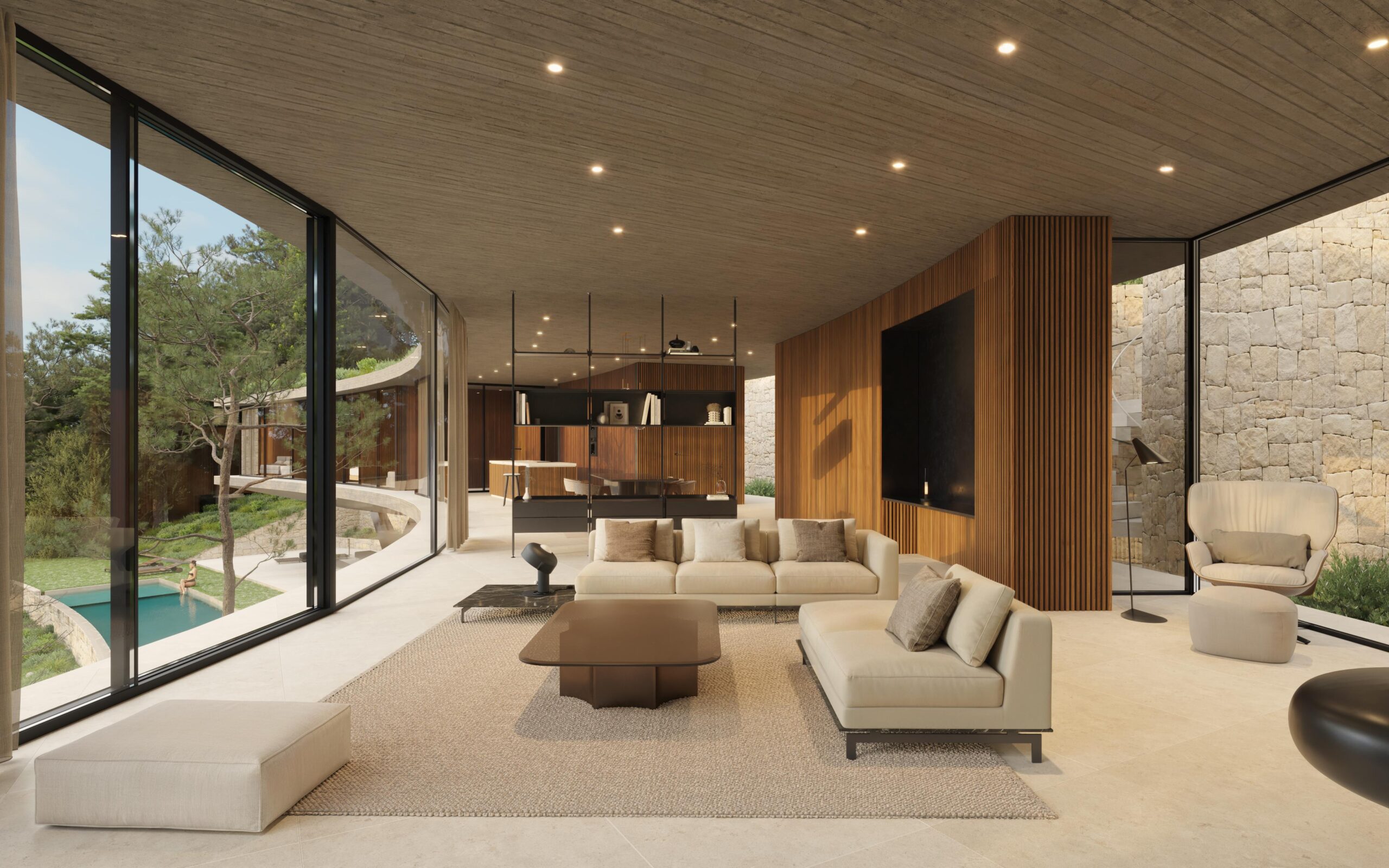 Espace de vie ouvert avec baies vitrées, murs en tasseaux de bois et plafond en béton brut. La pièce offre une vue panoramique sur la terrasse courbe et la piscine.