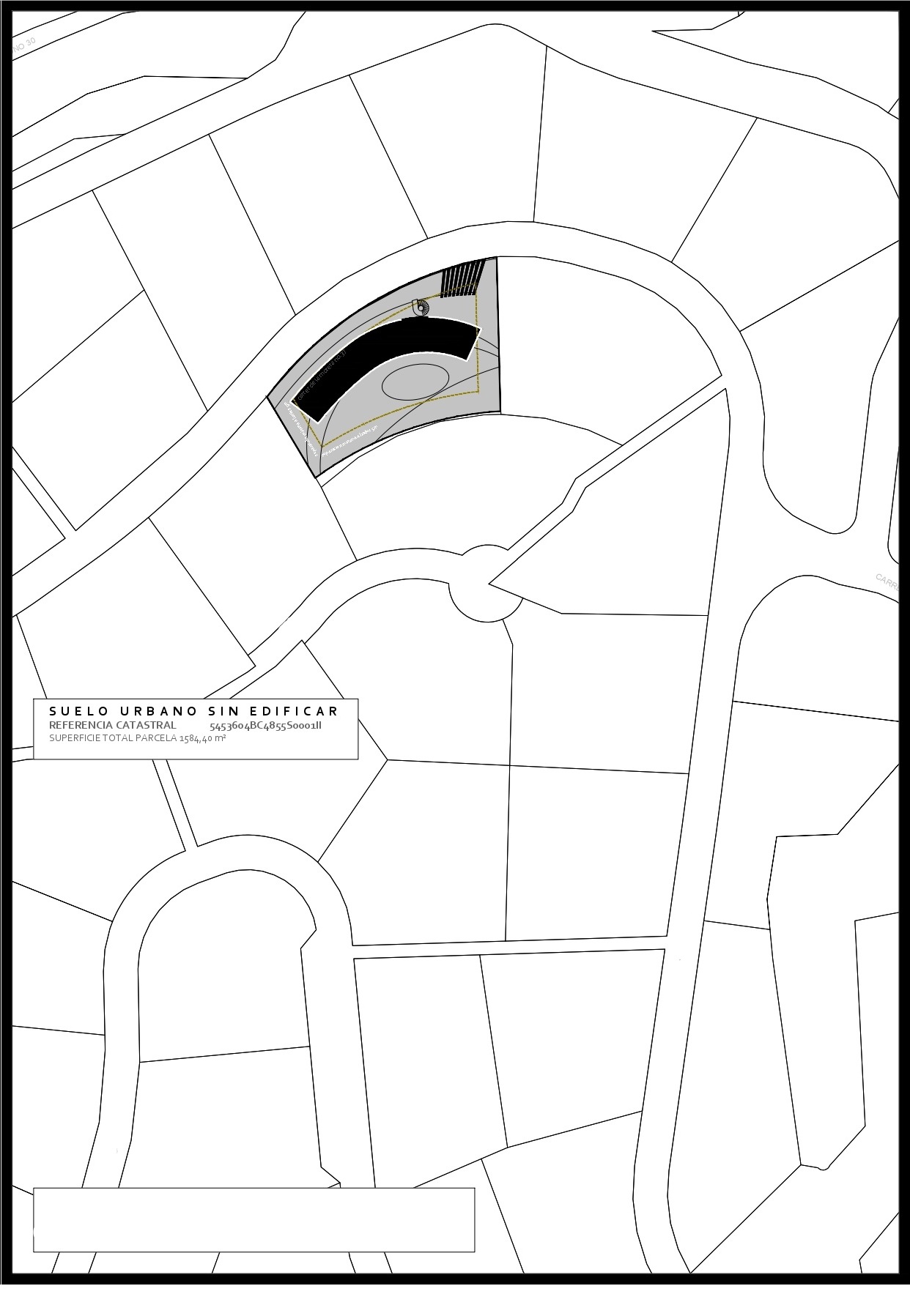Plan cadastral d'un terrain urbain non bâti de 1 584,40 m², illustrant l'implantation architecturale courbe projetée sur la parcelle.