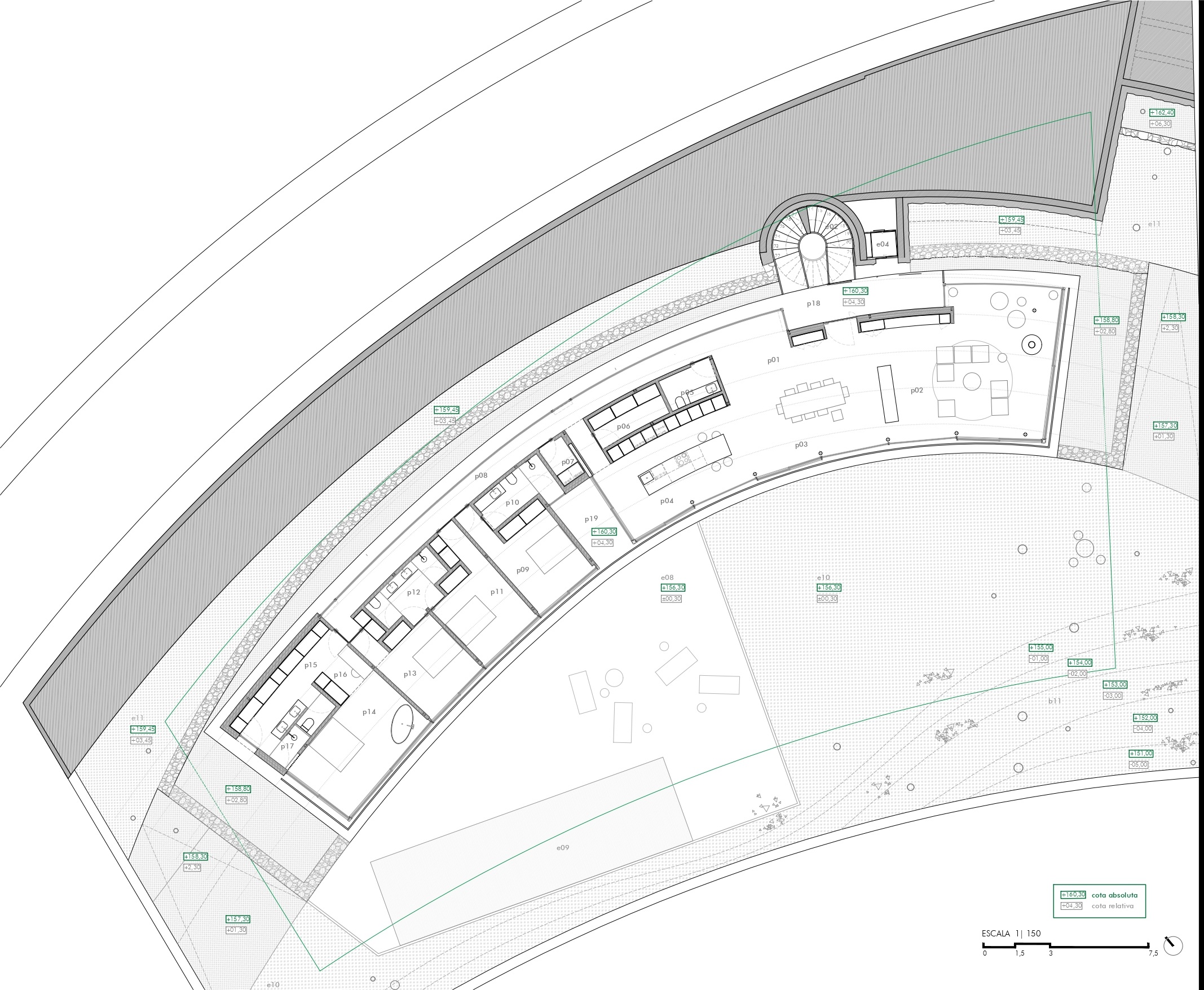 Plan d'architecte détaillé présentant une disposition résidentielle courbe avec des espaces de vie intégrés, quatre chambres avec salles de bains attenantes et un escalier en colimaçon.