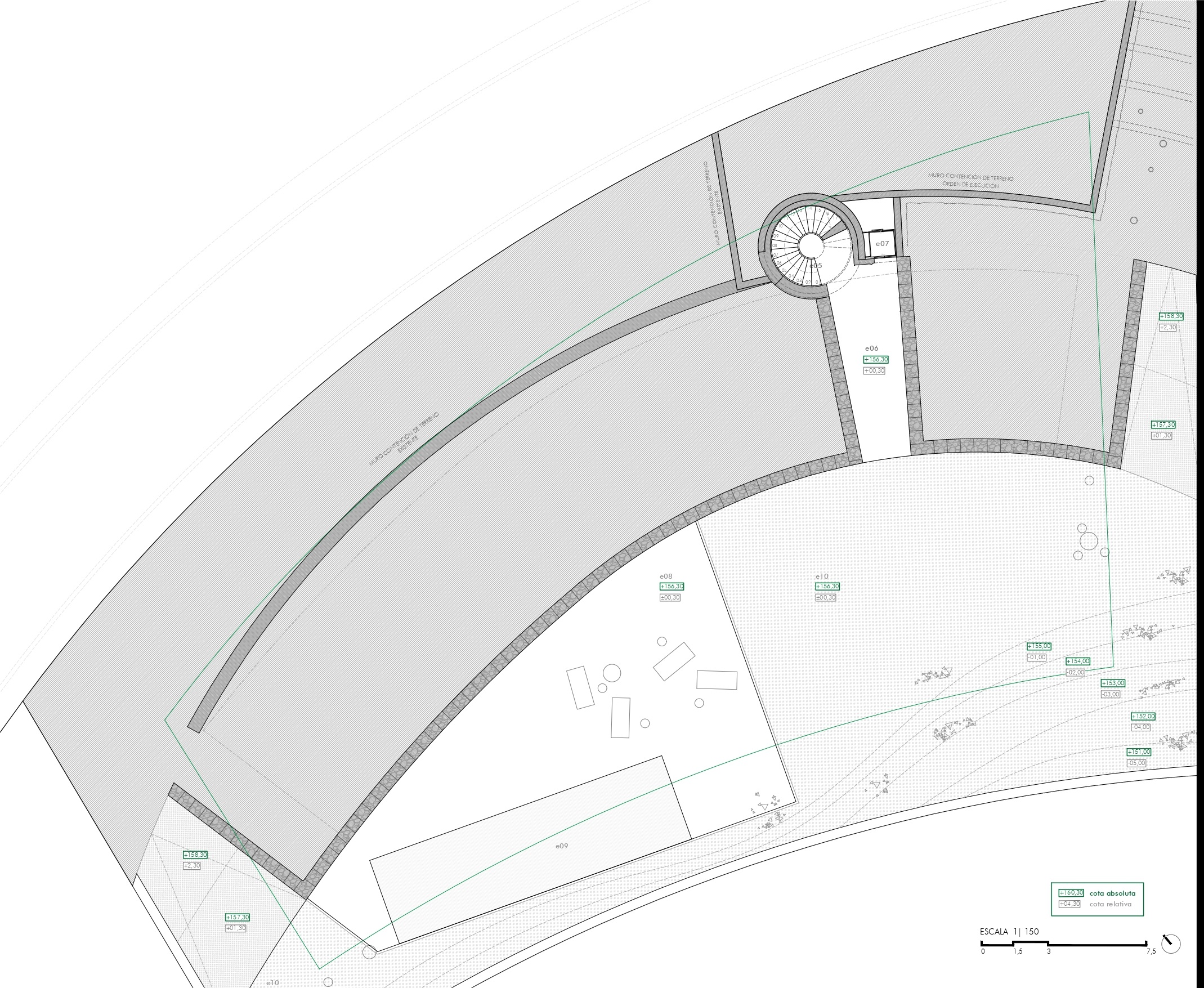 Plan de masse architectural détaillé présentant une terrasse courbe avec piscine, espace salon extérieur et un escalier en colimaçon intégré au terrain.