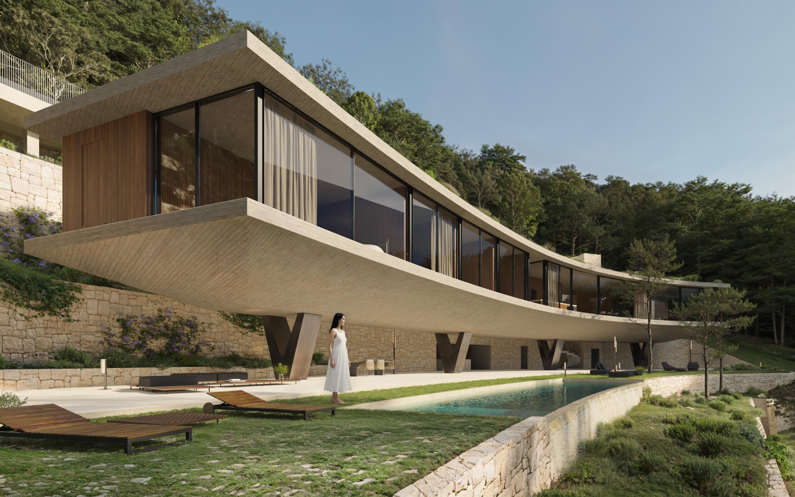 Villa contemporaine en porte-à-faux avec béton brut et grandes baies vitrées, dotée d'une piscine à débordement courbée et de piliers en V sur un flanc de colline boisé.