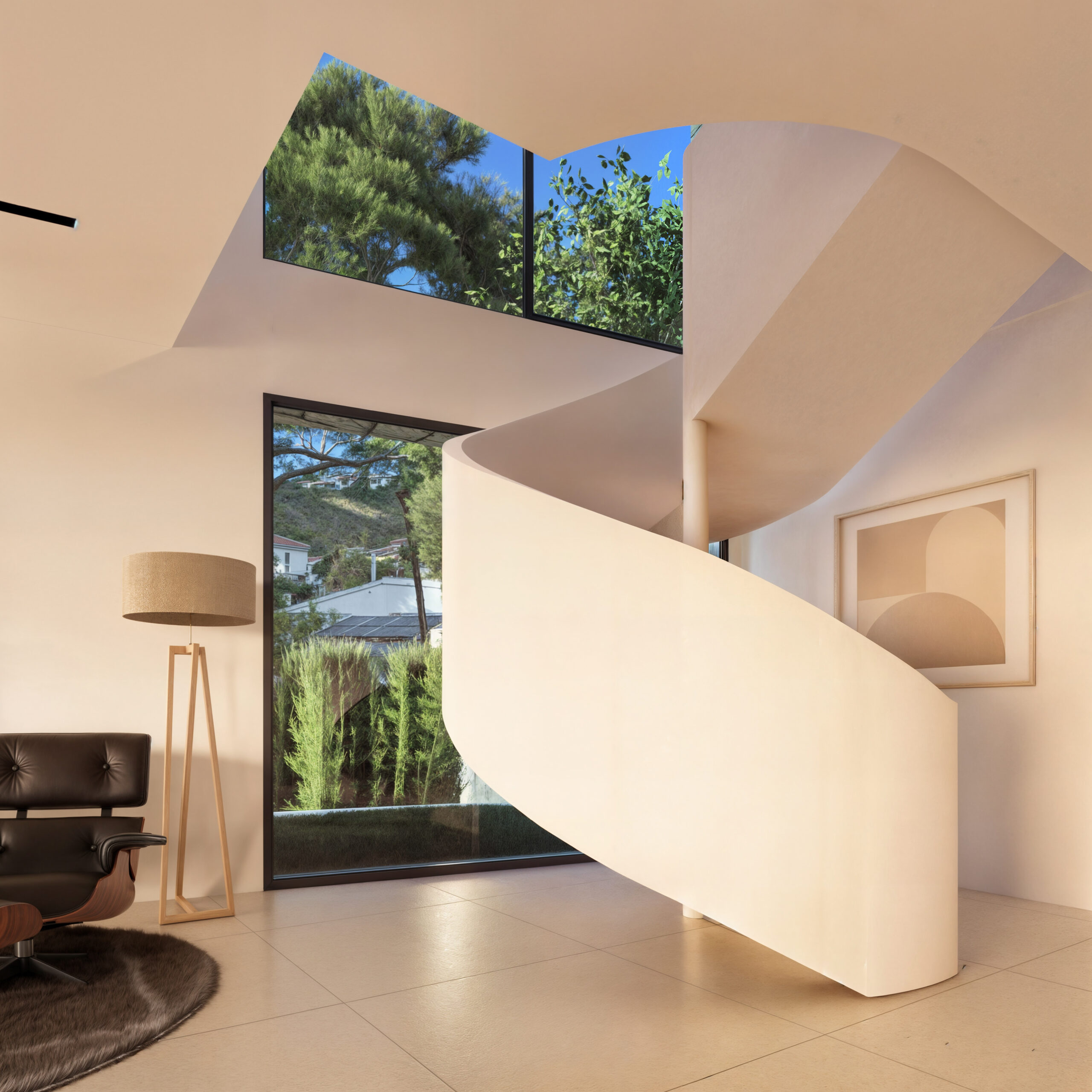 Escalier en colimaçon sculptural blanc dans un espace de vie ouvert, doté de baies vitrées avec vue sur les pins et d'un coin salon minimaliste avec fauteuil en cuir.