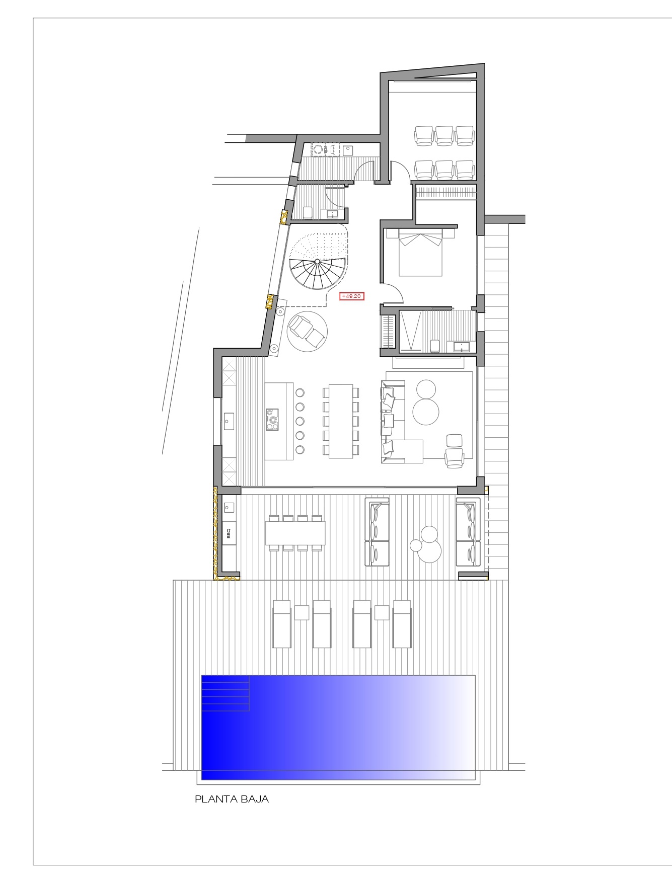 Plan technique du rez-de-chaussée illustrant un espace de vie ouvert, une cuisine avec îlot, une salle de cinéma, une suite parentale et une terrasse avec piscine.