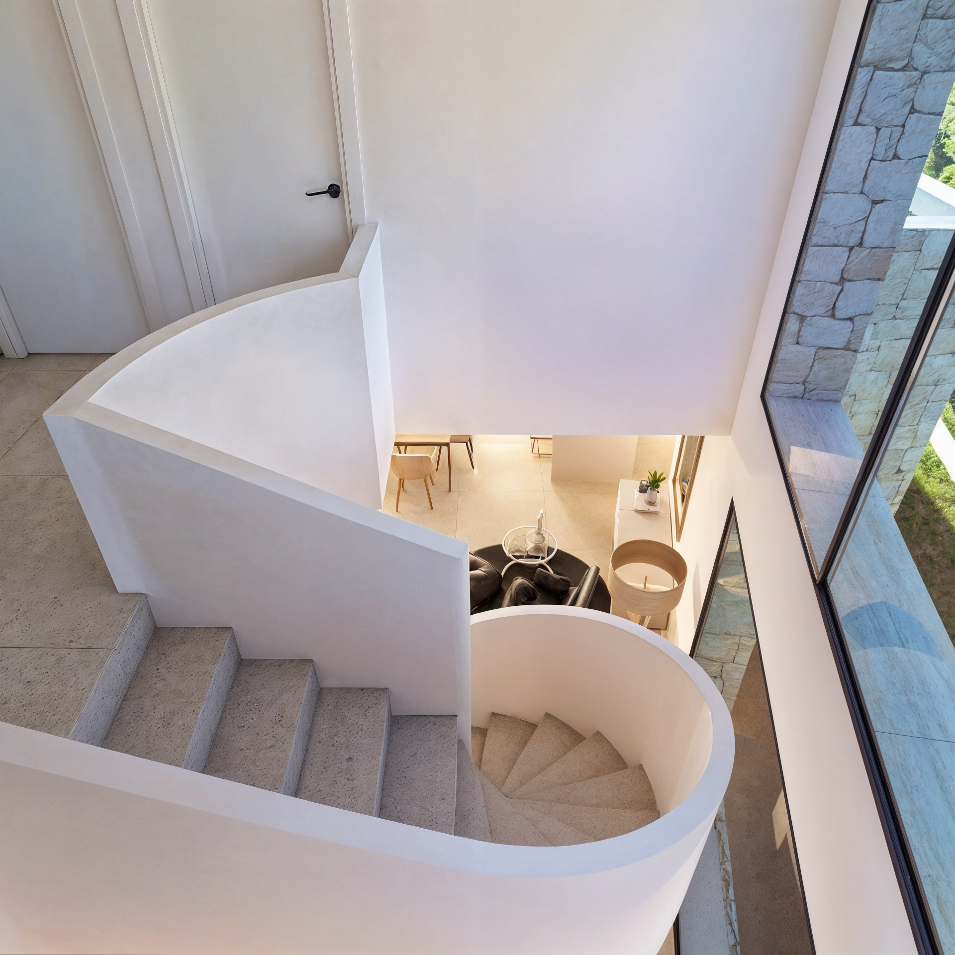 Vue en plongée d'un escalier en colimaçon blanc aux marches en pierre, surplombant un salon minimaliste et de grandes baies vitrées avec parement en pierre.