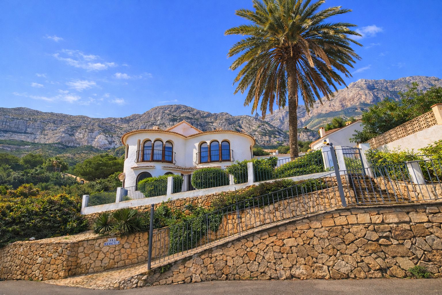 Façade d'une villa méditerranéenne blanche aux fenêtres cintrées, érigée sur des murs en pierre naturelle avec vue sur les montagnes et un palmier élancé.