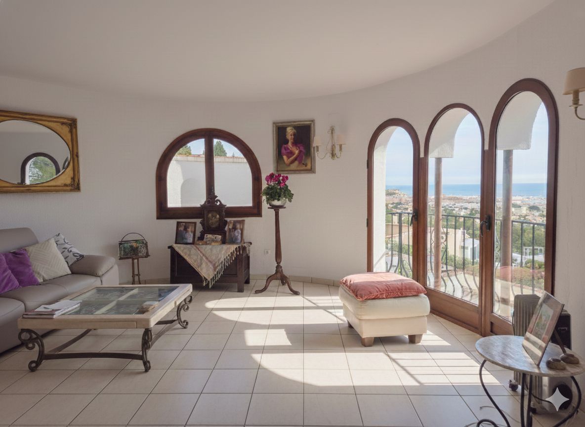 Séjour lumineux doté de trois portes-fenêtres cintrées offrant une vue panoramique sur la mer, avec sol en carrelage et mobilier classique.