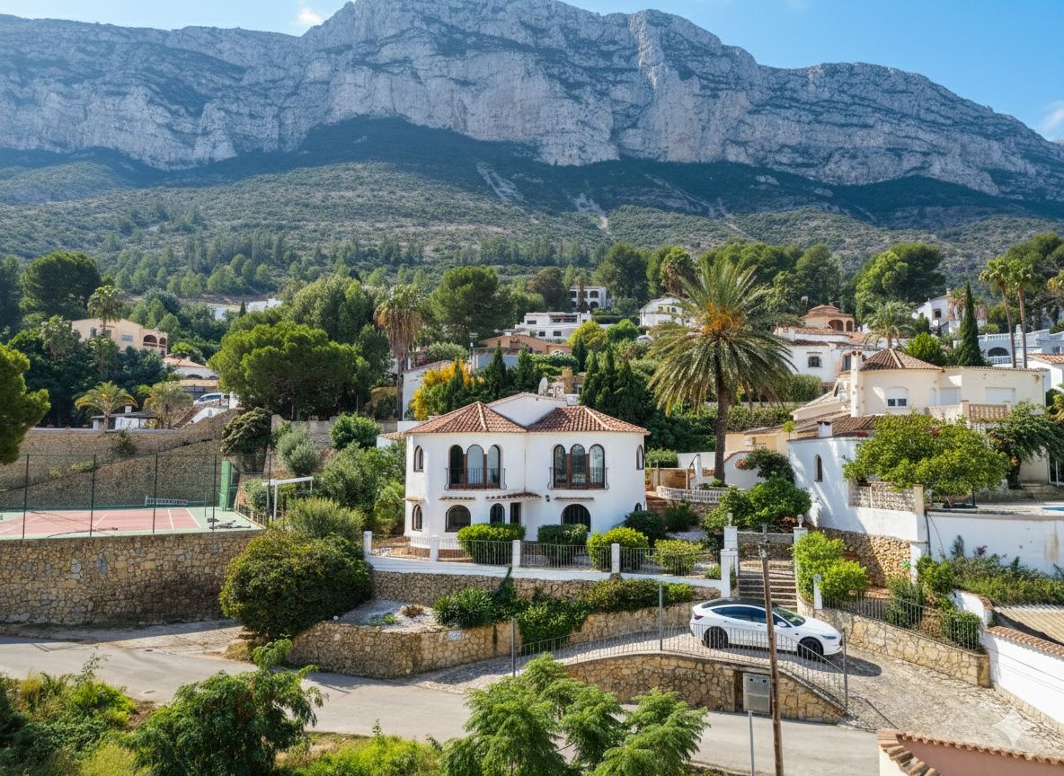 Vue extérieure d'une villa blanche aux fenêtres cintrées, située au pied d'une montagne avec un court de tennis et une végétation méditerranéenne dense.