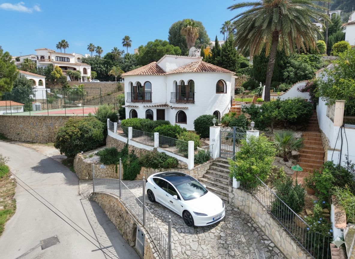 Vue extérieure d'une villa méditerranéenne à deux niveaux avec fenêtres cintrées, toit en terre cuite et entrée pavée en pierre entourée d'un jardin luxuriant.