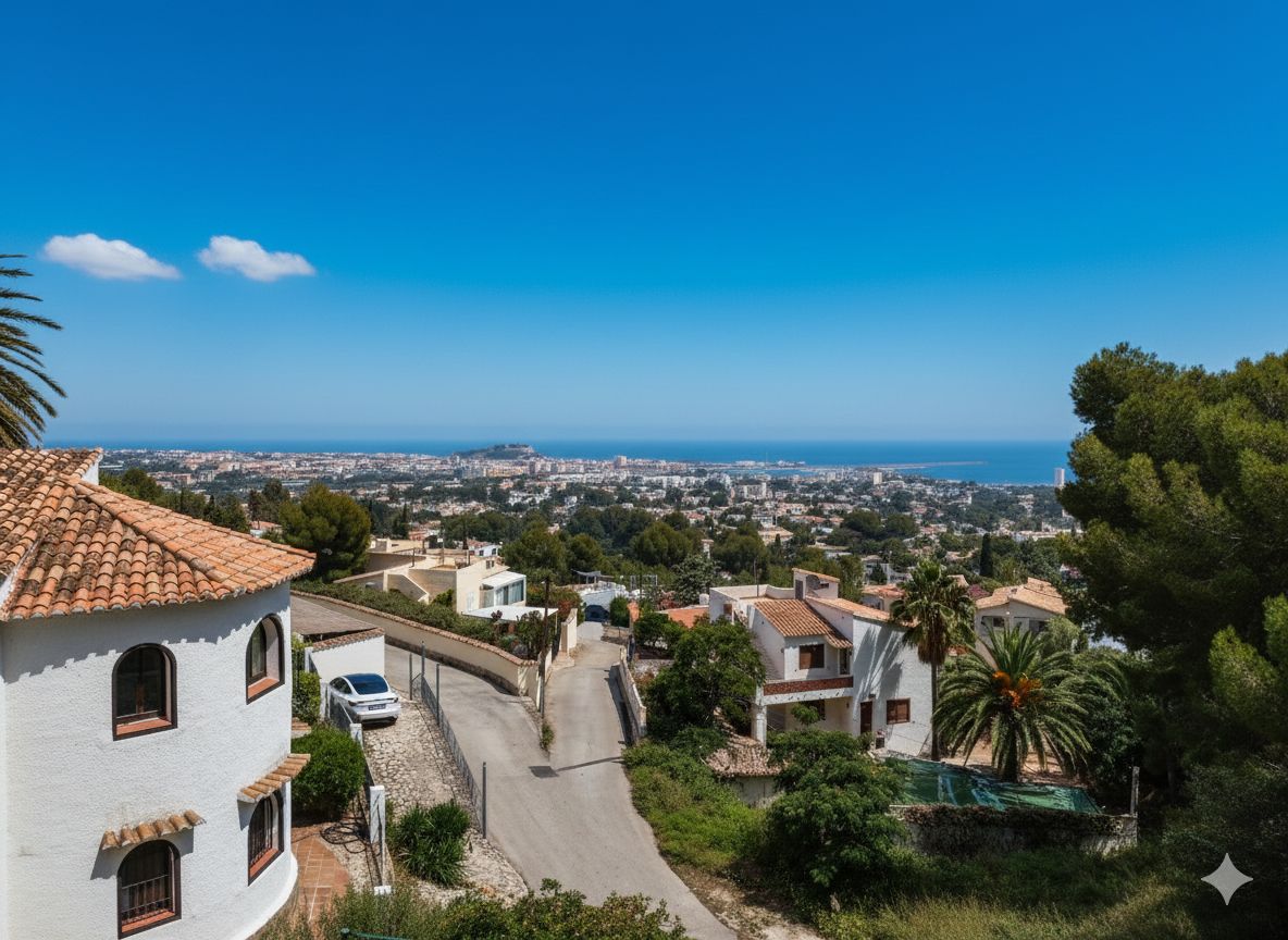 Vue panoramique surélevée d'une ville côtière et de la mer Méditerranée, avec des villas blanches aux toits de tuiles et une végétation locale luxuriante.
