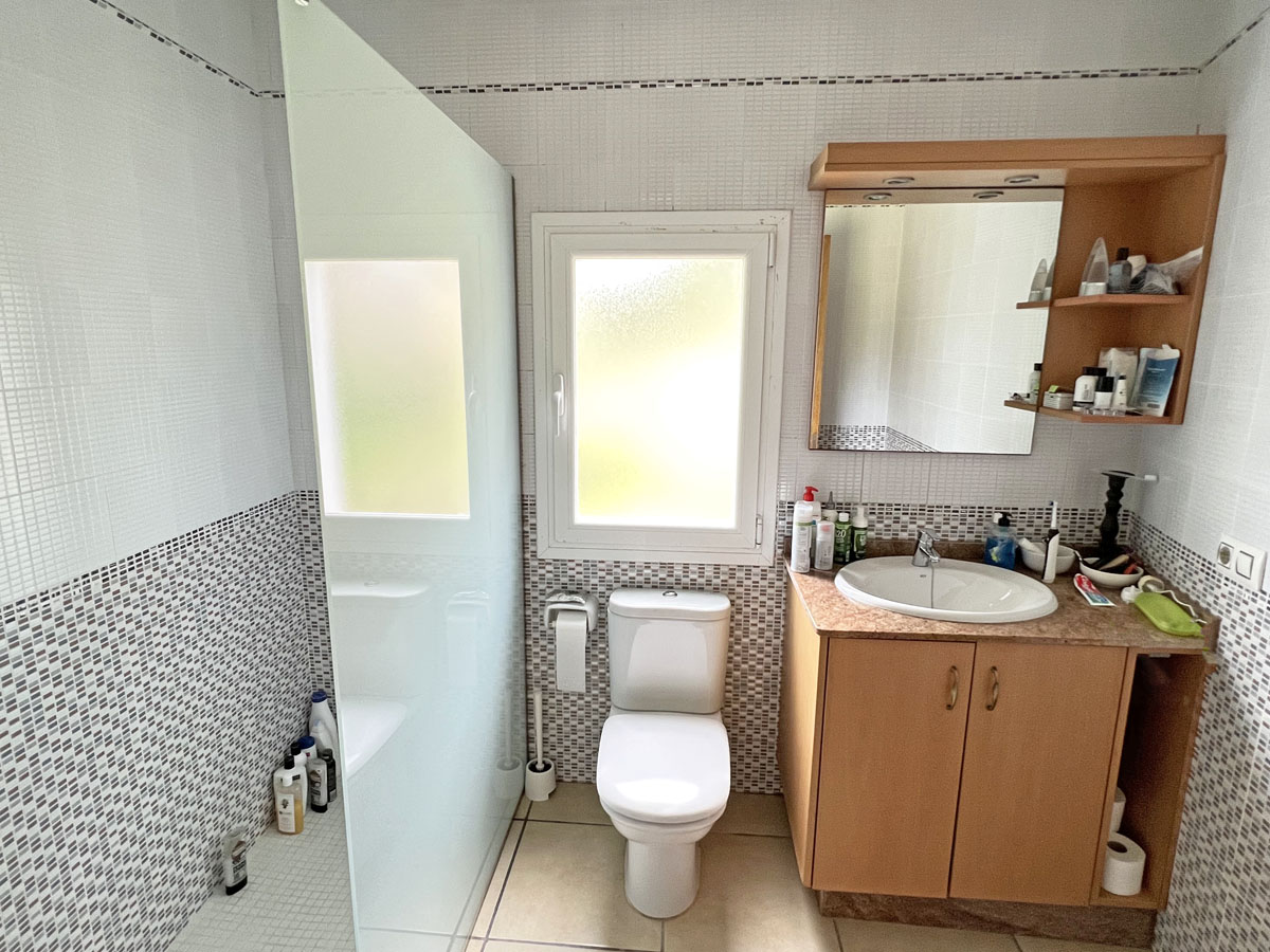 Salle de bain fonctionnelle avec douche à l'italienne, paroi en verre dépoli, meuble vasque en bois et carrelage mural en mosaïque bicolore.