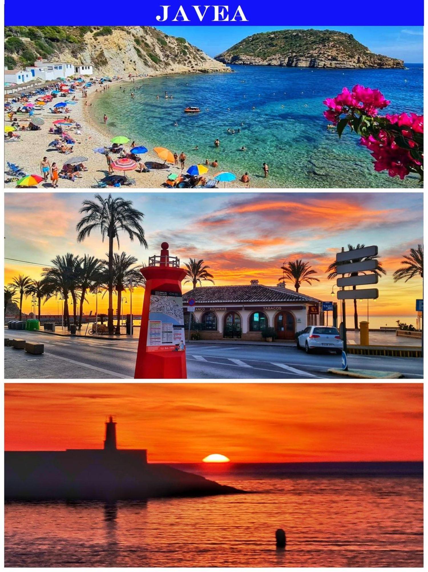 Collage de Jávea présentant la Cala Portichol aux eaux cristallines, le port au coucher du soleil et la silhouette du phare sur la mer Méditerranée.