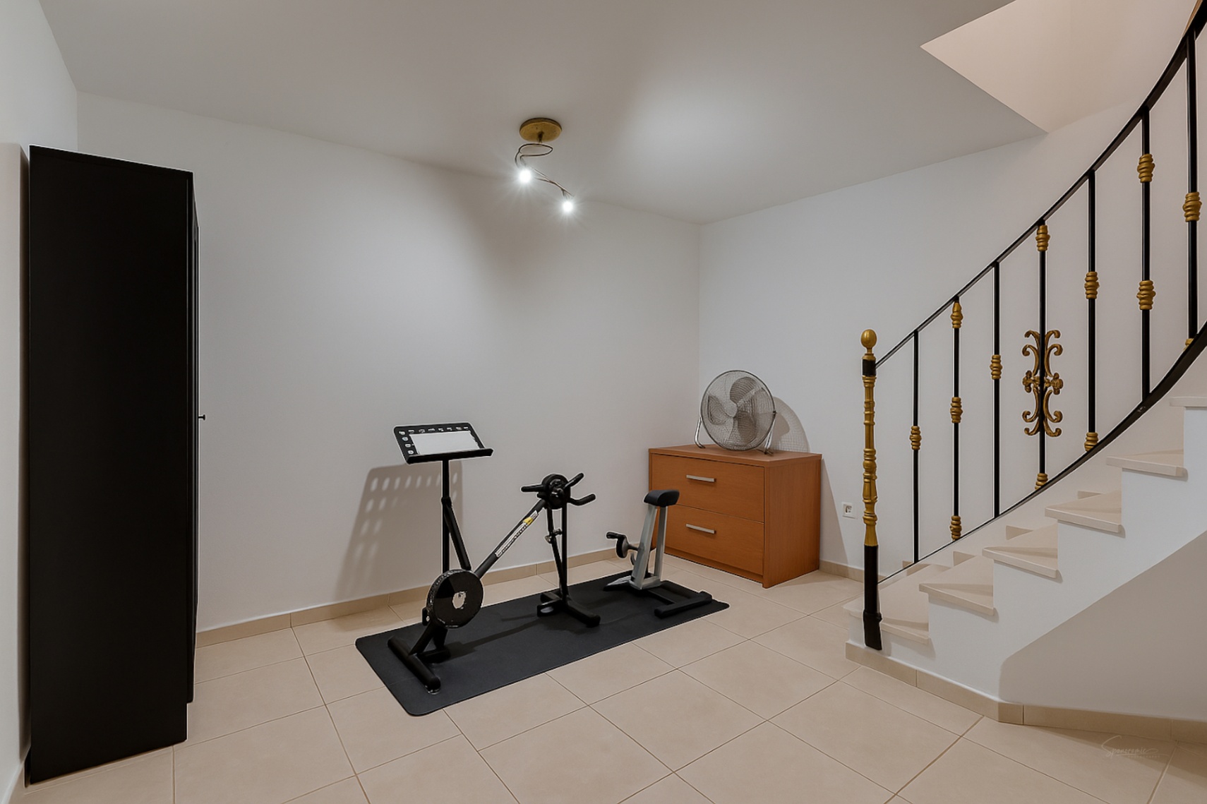 Salle polyvalente au niveau inférieur comprenant un vélo d'appartement, des rangements et un escalier avec rampe en fer forgé aux détails dorés.