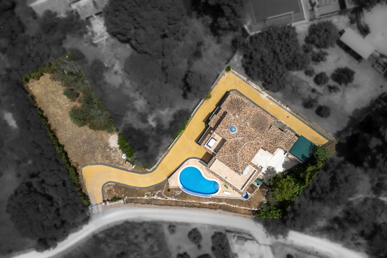 Vue aérienne zénithale montrant la disposition de la villa, avec sa piscine courbe, son toit doté d'une coupole centrale et sa longue allée d'accès privée.