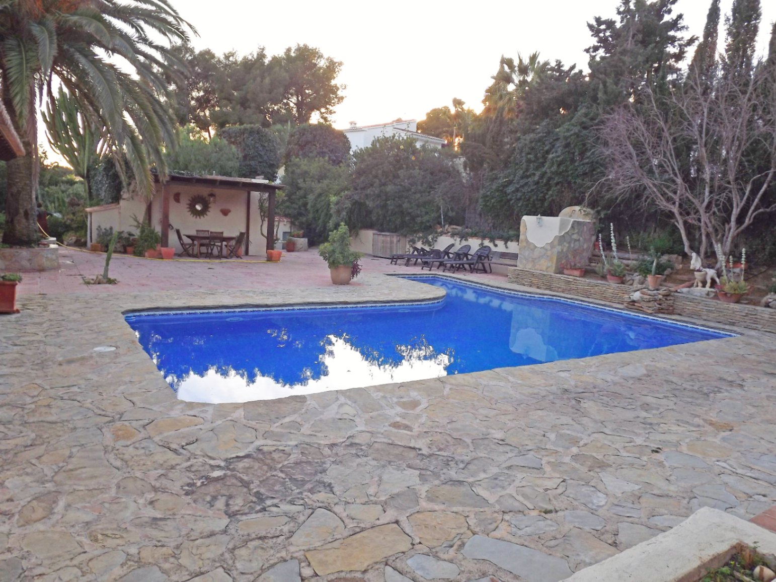 Piscine de 12x5m entourée d'une terrasse en pierre naturelle, avec un espace barbecue couvert et un jardin méditerranéen arboré.