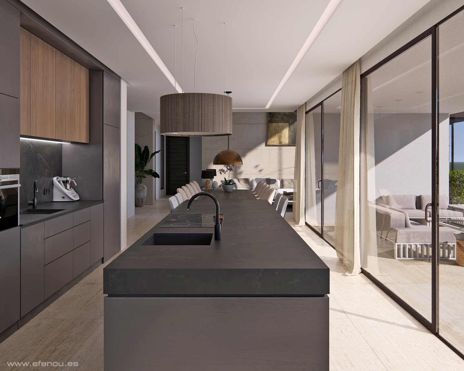 Cuisine moderne à aire ouverte avec un grand îlot central anthracite, plan de travail en pierre et baies vitrées coulissantes offrant une transition fluide vers l'extérieur.
