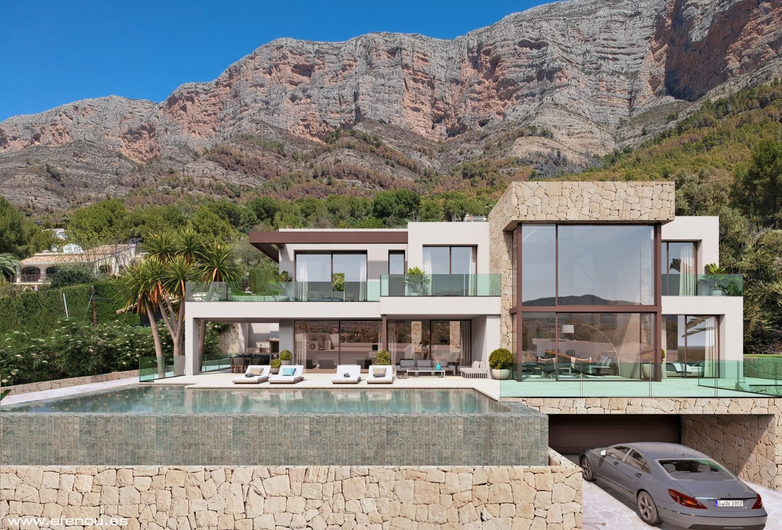 Façade moderne alliant pierre naturelle et grandes baies vitrées, avec une piscine à débordement et une vue imprenable sur la montagne du Montgó.