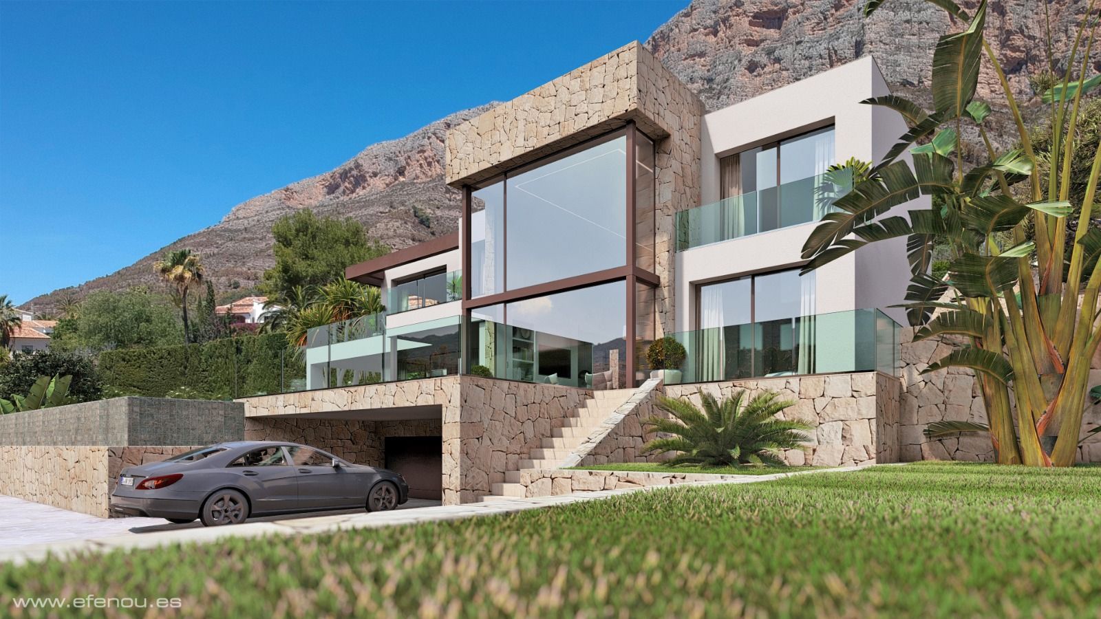 Façade moderne avec de grandes baies vitrées à double hauteur, murs en pierre naturelle et garde-corps en verre, située au pied du mont Montgó à Jávea.