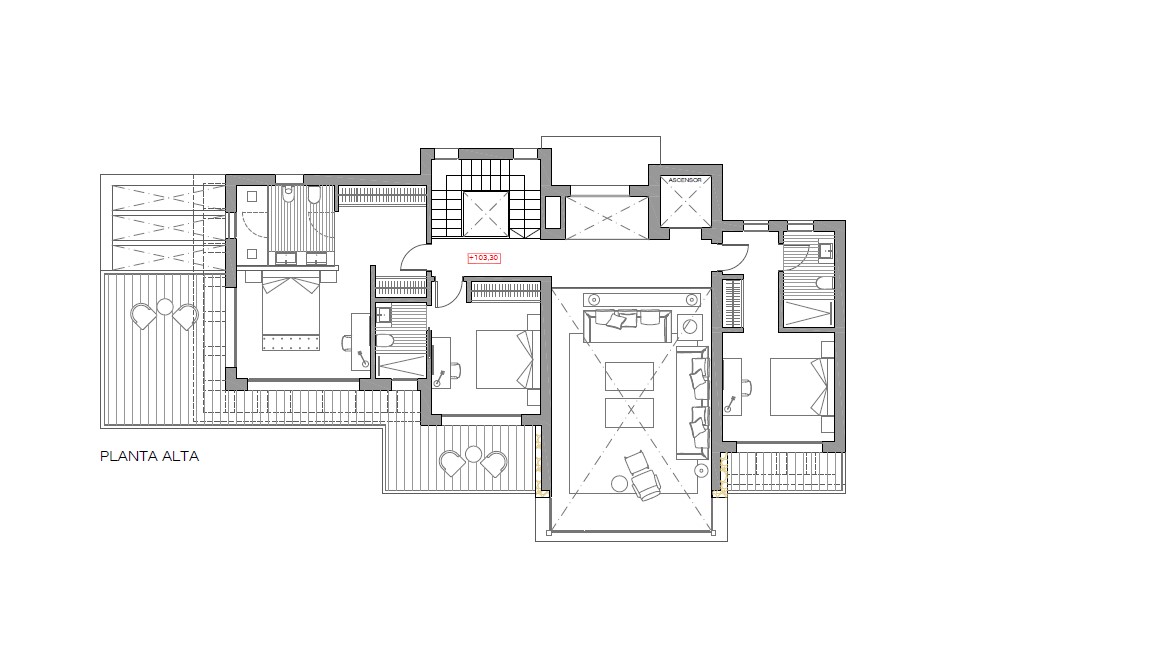 Plan technique de l'étage supérieur illustrant trois chambres avec salles de bains attenantes, l'ascenseur et un espace de vie à double hauteur avec terrasses.