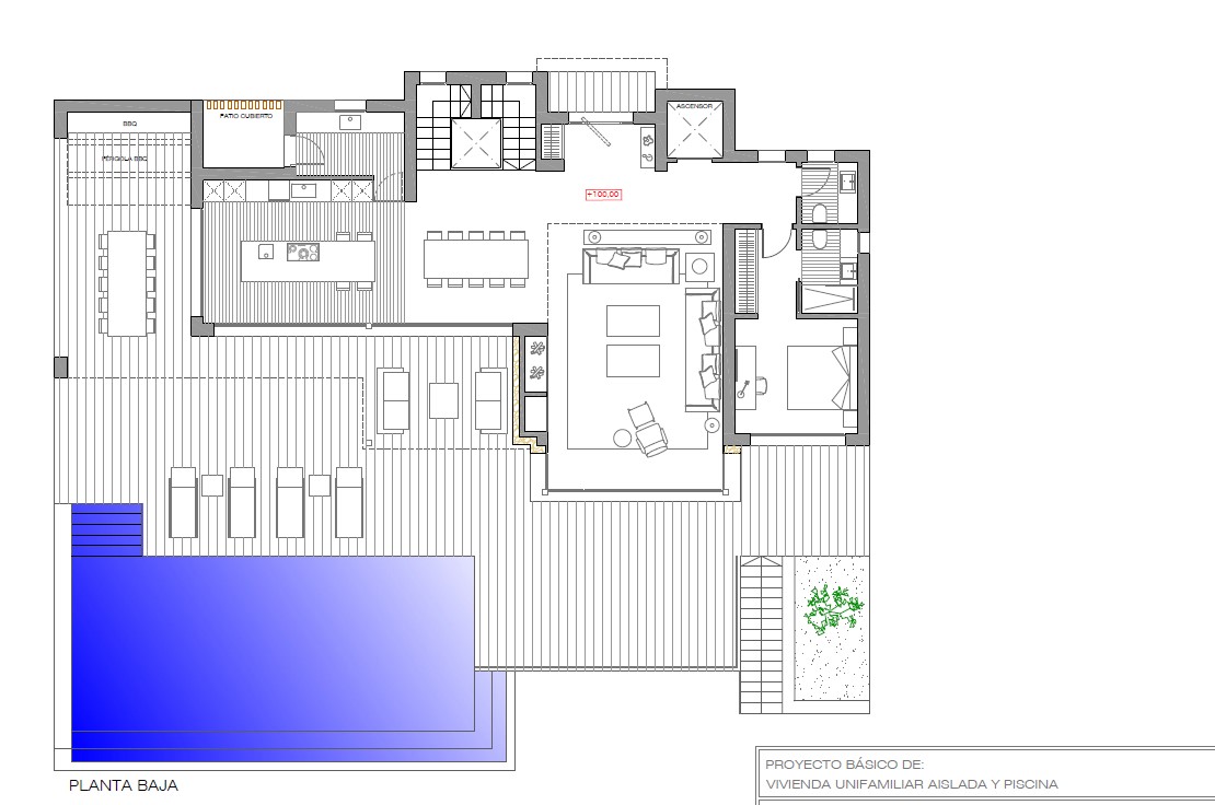 Plan technique du rez-de-chaussée détaillant la cuisine ouverte, le salon, une chambre en suite et la vaste terrasse extérieure avec piscine.