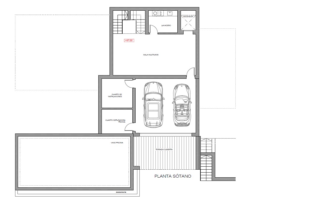Plan technique du sous-sol comprenant un garage double, une salle polyvalente, une buanderie, des locaux techniques et l'accès à l'ascenseur près de la piscine.