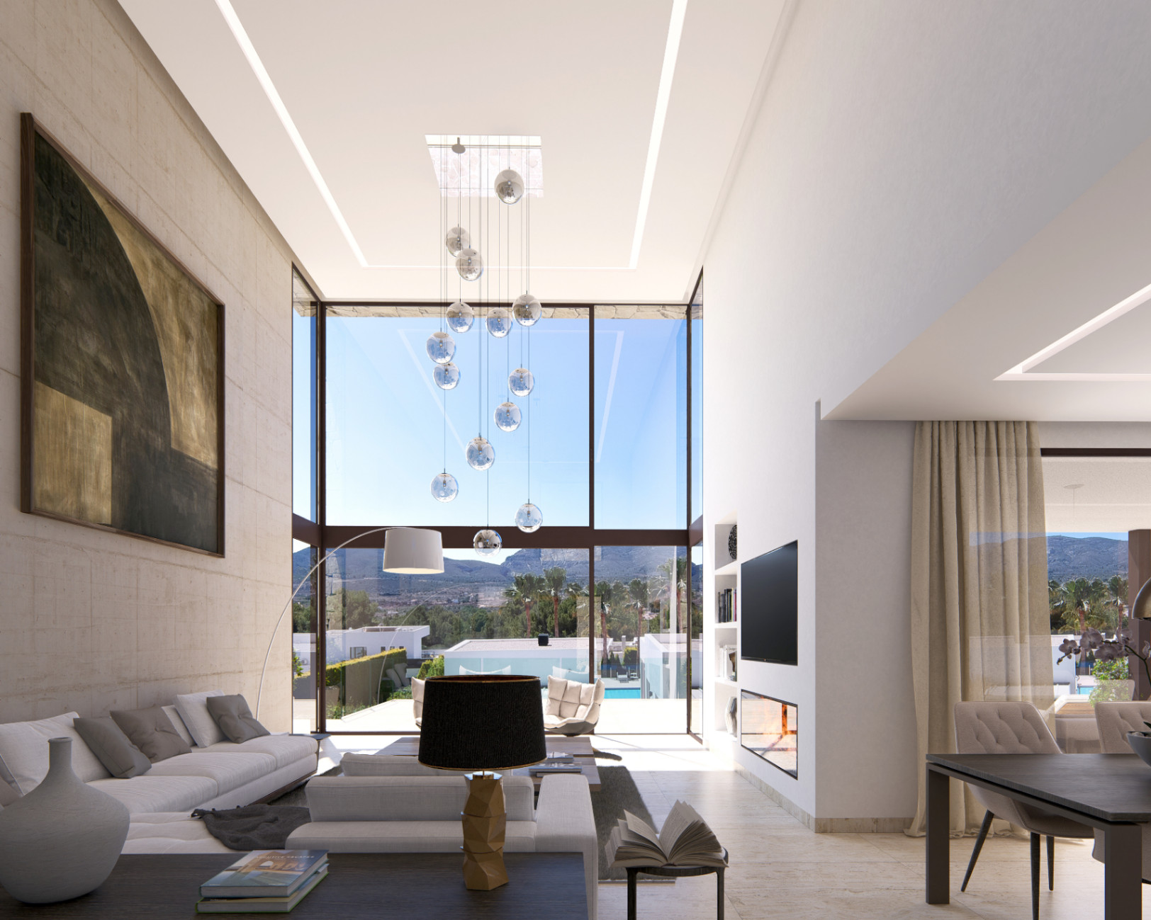 Salon à double hauteur avec baies vitrées de six mètres, mur en pierre naturelle, cheminée intégrée et vues panoramiques sur la montagne Montgó.
