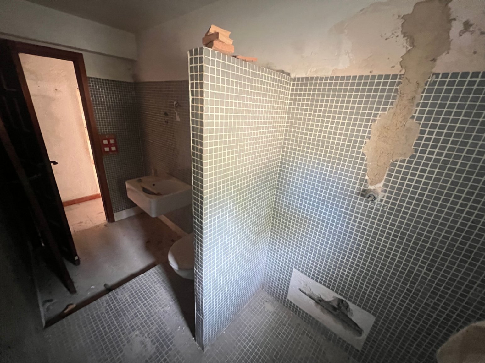 Salle de bain à rénover avec carrelage en mosaïque bleue, cloison de douche et sanitaires d'origine, offrant un fort potentiel de modernisation complète.