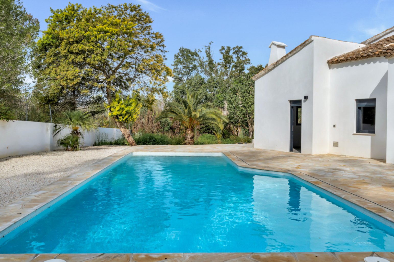 Piscine extérieure bordée d'une terrasse en pierre naturelle et de murs blancs, nichée dans un jardin méditerranéen avec des arbres matures et des palmiers.