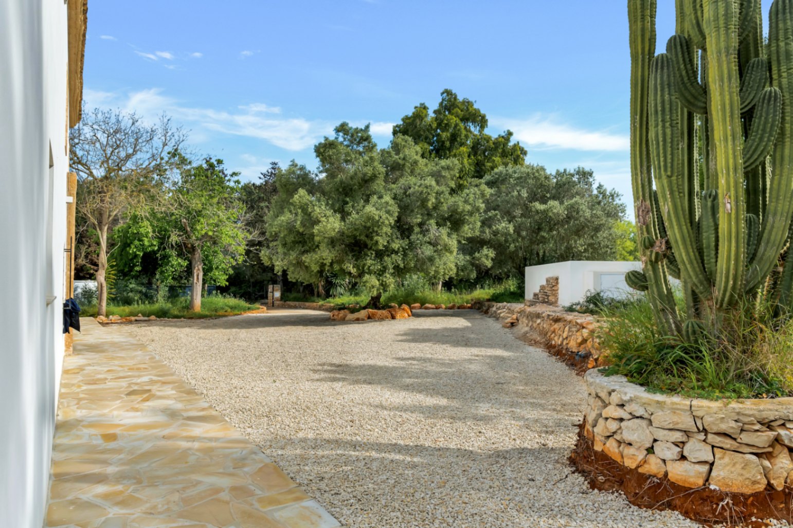 Vaste espace extérieur avec chemin en gravier, murs en pierre naturelle et un grand cactus ornemental bordant la façade blanche.