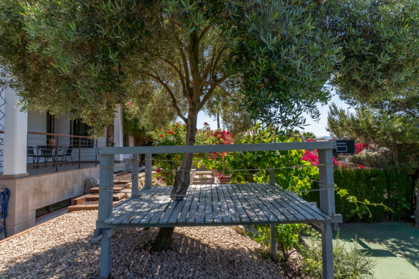 Plateforme surélevée en bois gris entourant un olivier, située dans un jardin méditerranéen avec gravier et fleurs colorées.