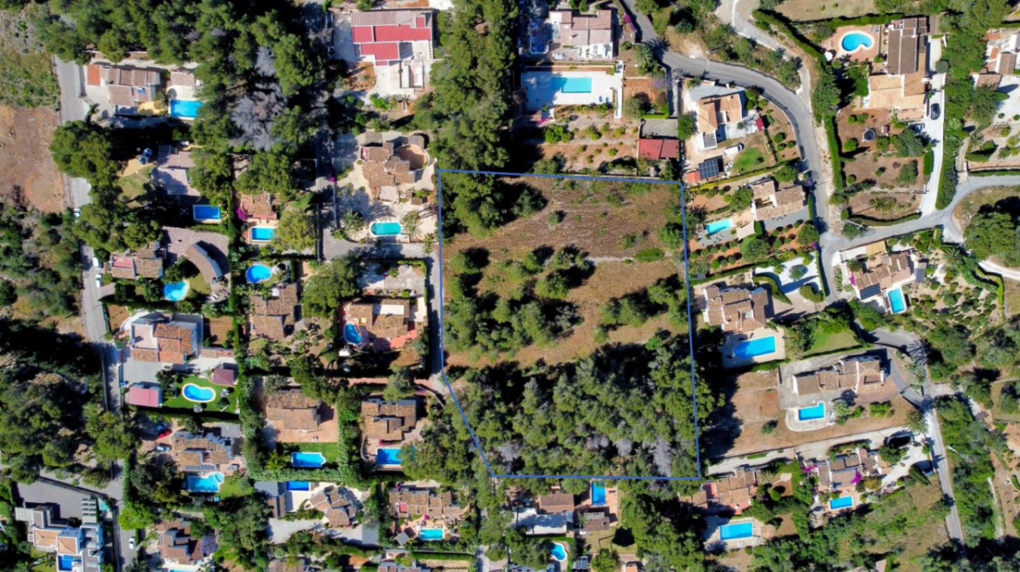 Vue aérienne de la grande parcelle plate délimitée en bleu, illustrant sa végétation de pins et son emplacement au cœur d'un quartier résidentiel calme à Jávea.