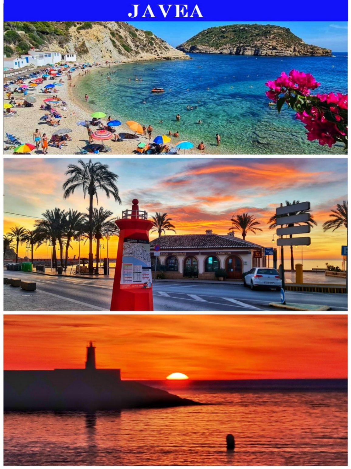 Vues de la côte de Jávea, incluant la Cala Portitxol aux eaux turquoise et des couchers de soleil méditerranéens sur le port avec ses palmiers.