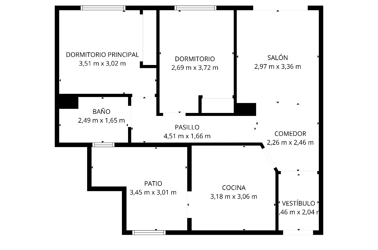 Plan détaillé de l'appartement montrant la distribution des deux chambres, du salon-salle à manger, de la cuisine, de la salle de bain et du patio intérieur.