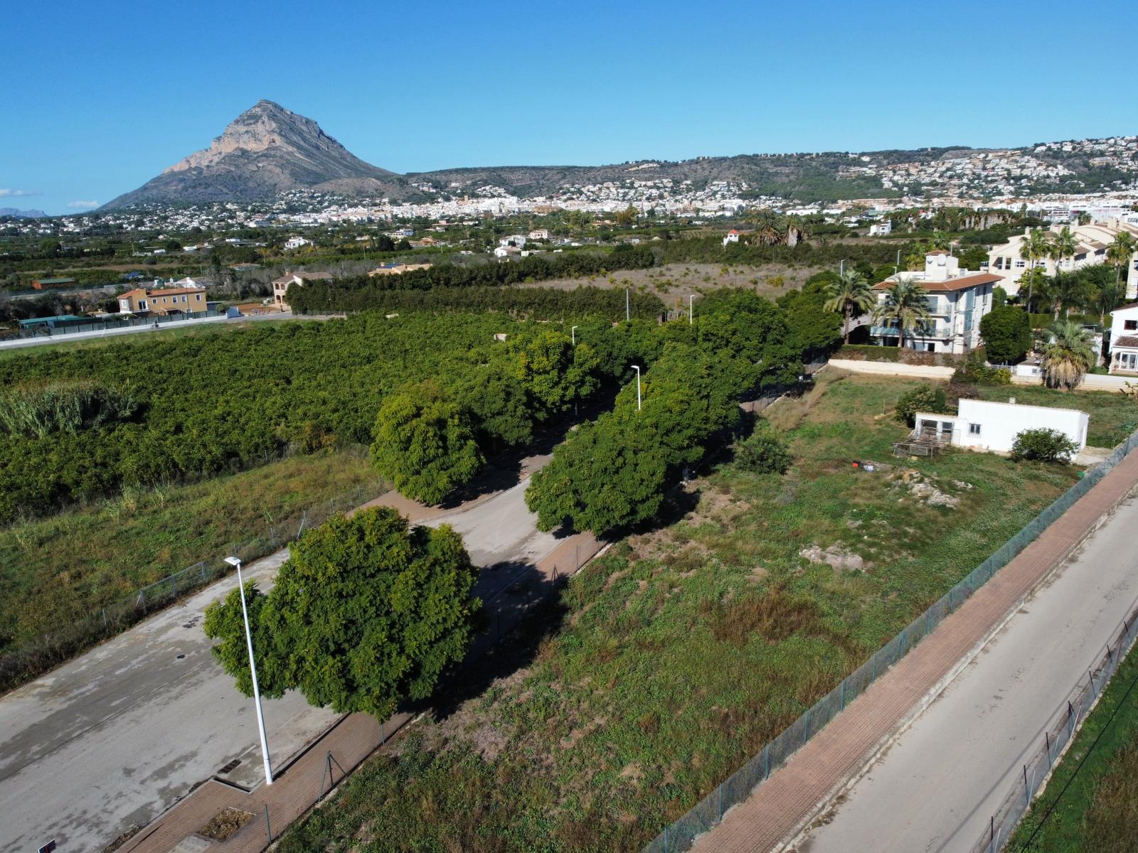 Vue aérienne du terrain résidentiel à Jávea, mettant en évidence l'accès pavé bordé d'arbres et la silhouette du Montgó en arrière-plan.