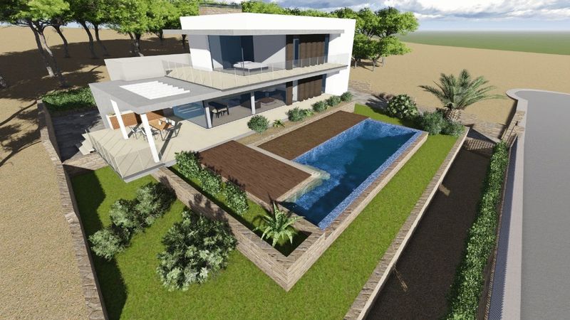Villa moderne sur deux niveaux avec piscine rectangulaire, terrasses en bois, porche couvert et jardin paysager bordé de murs en pierre naturelle.