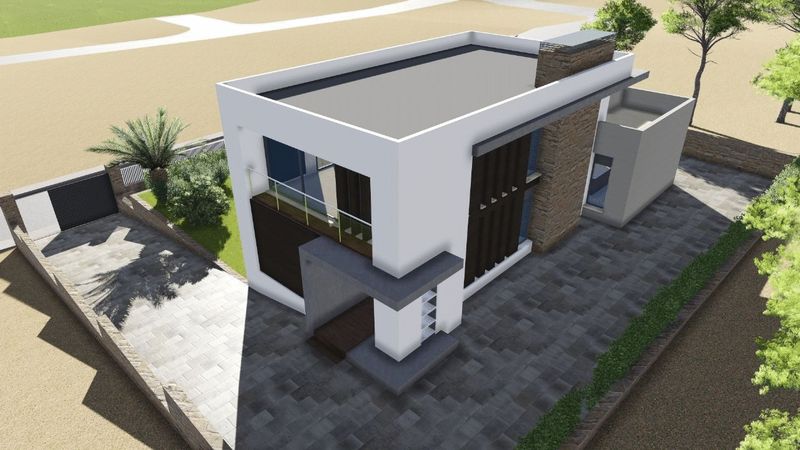 Vue aérienne de la villa moderne avec toit plat, façade blanche, parement en pierre naturelle, brise-soleil verticaux et allée pavée en pierre grise.