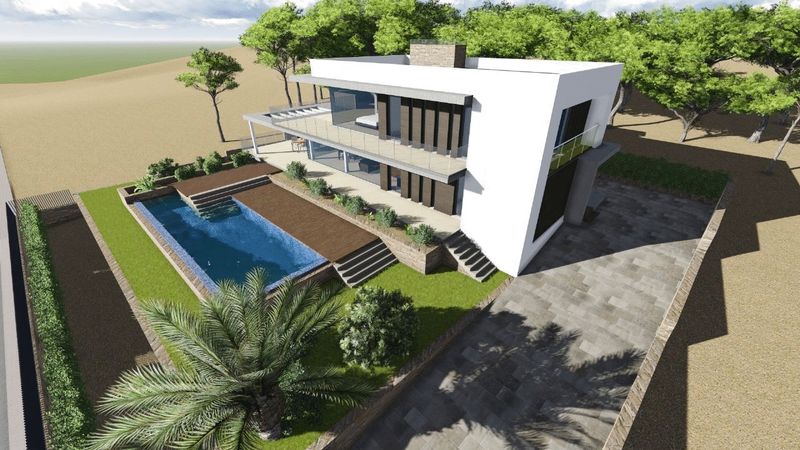 Vue aérienne de l'architecture moderne blanche, avec piscine rectangulaire, terrasse en bois et jardin paysager avec allée en pierre.
