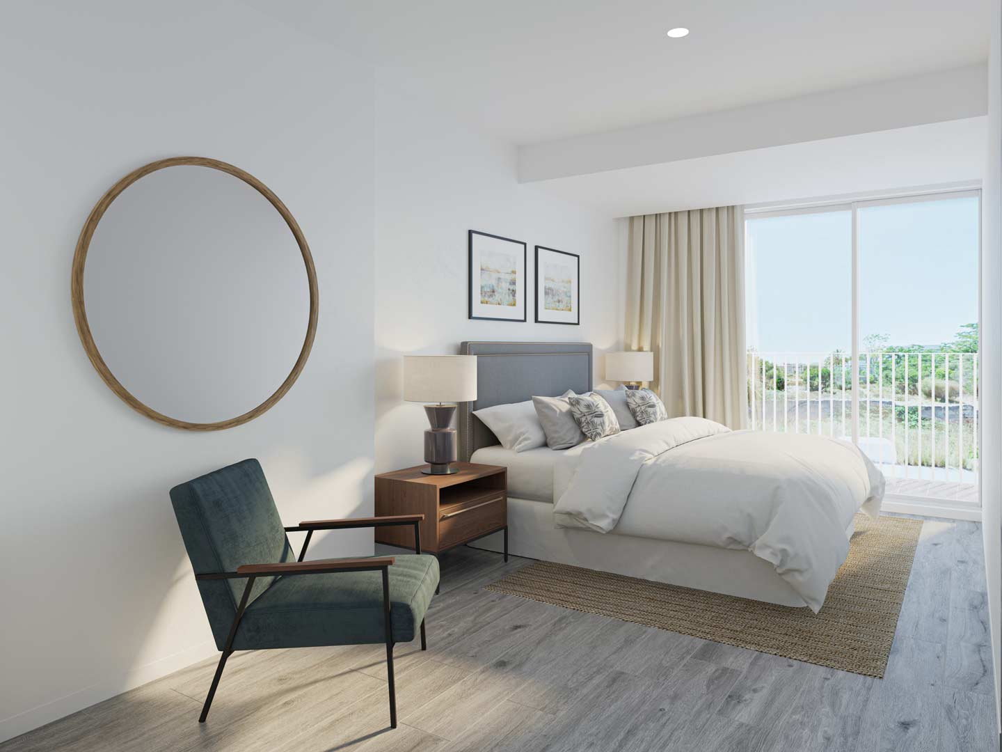 Chambre moderne avec parquet gris, grand miroir circulaire et accès direct à la terrasse privée par de larges baies vitrées coulissantes.