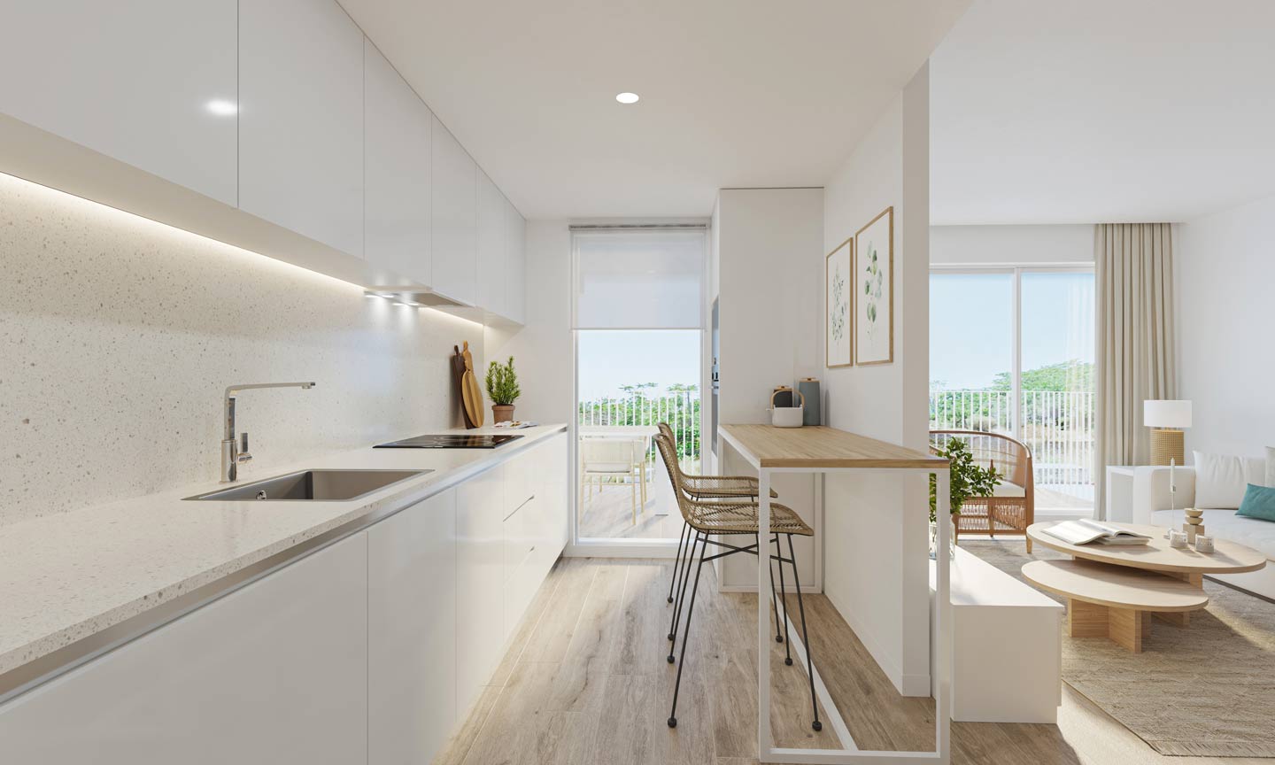 Cuisine moderne ouverte avec meubles blancs, plan de travail en pierre et bar avec tabourets en rotin, offrant une vue directe sur le salon et la terrasse.