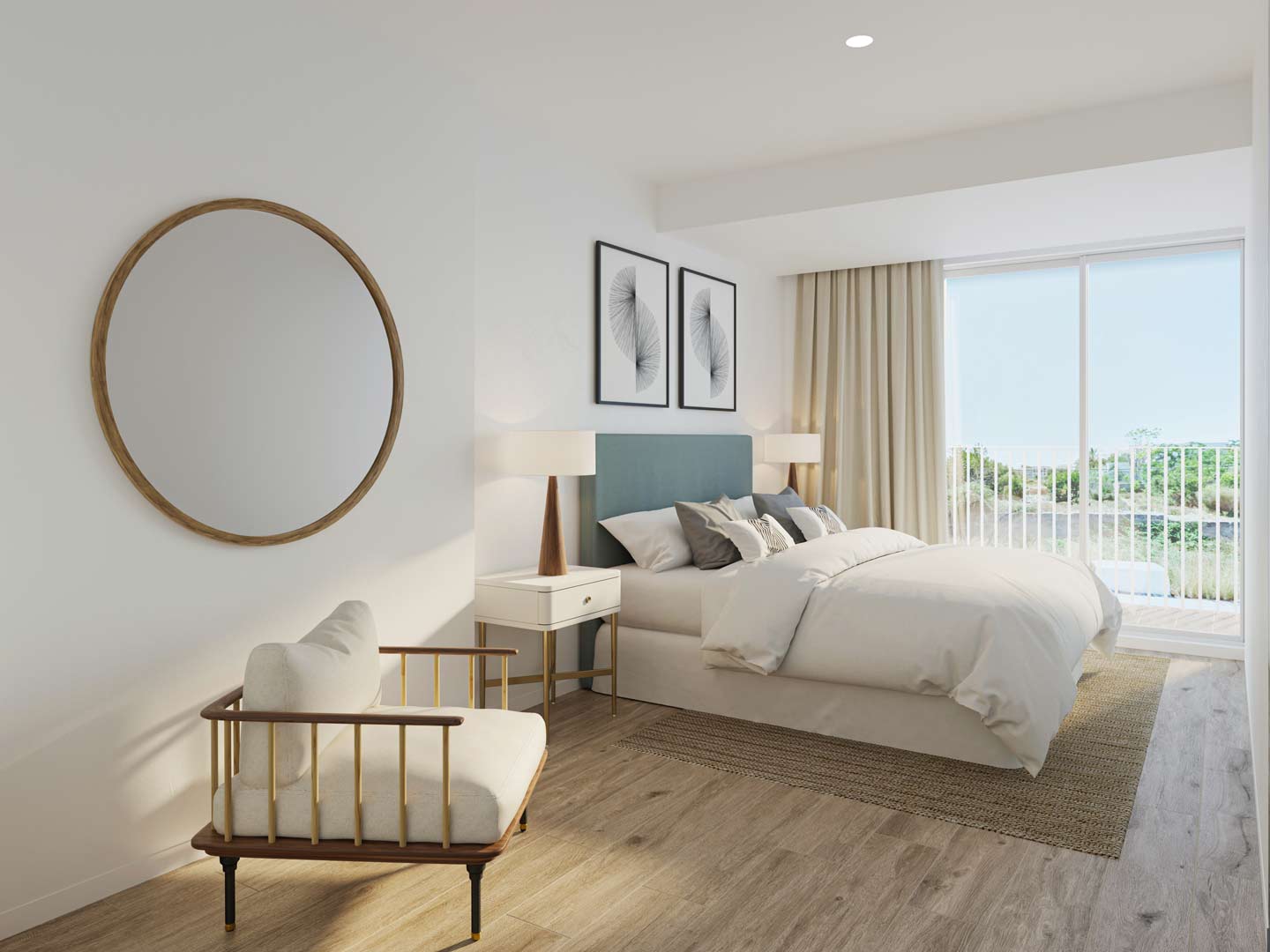 Chambre moderne avec tête de lit bleue, parquet clair et grande baie vitrée ouvrant sur un balcon privé baigné de lumière naturelle.