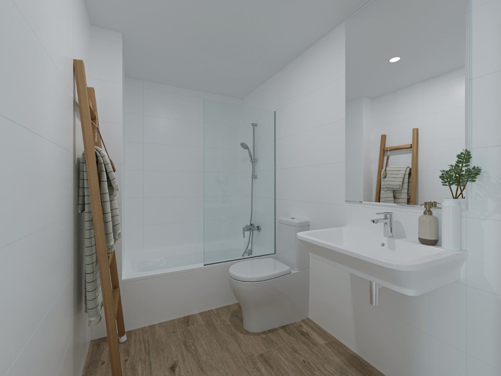 Salle de bain moderne avec murs carrelés blancs, baignoire avec paroi vitrée, lavabo suspendu et sol en grès cérame effet bois.