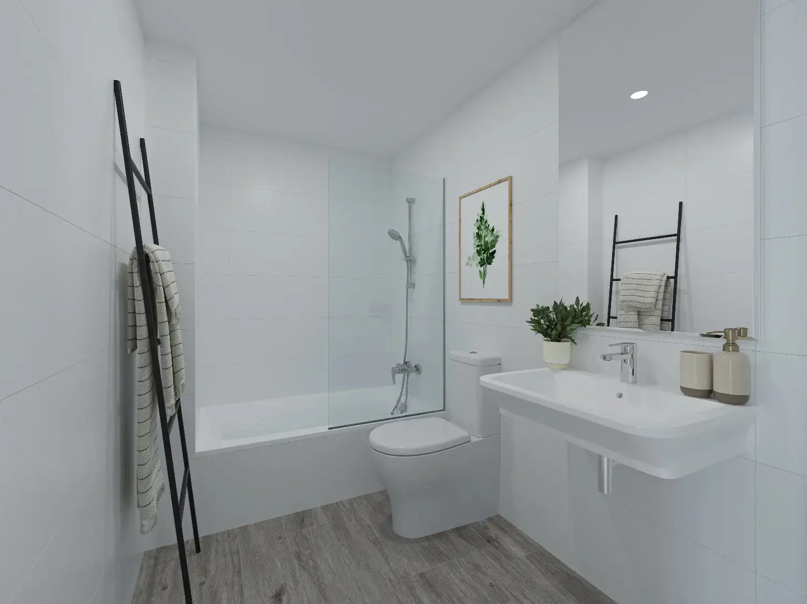 Salle de bain moderne avec carrelage blanc, baignoire avec paroi en verre, sol imitation bois et lavabo suspendu avec robinetterie chromée.