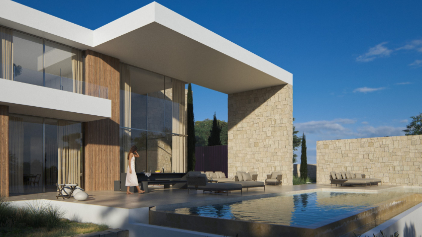 Extérieur de villa moderne avec piscine à débordement, murs en pierre naturelle et un porche à double hauteur doté de finitions en bois et de larges baies.