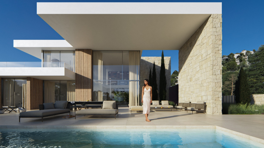 Extérieur de villa moderne avec un grand porche en porte-à-faux, murs en pierre naturelle et piscine à débordement intégrée aux façades vitrées.