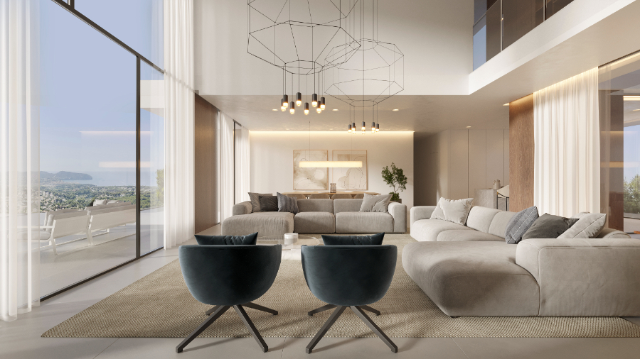 Séjour à double hauteur doté de grandes baies vitrées avec vue mer, de lustres géométriques et d'un mobilier contemporain aux tons naturels.