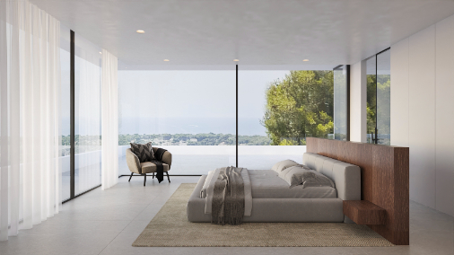 Suite parentale avec baies vitrées toute hauteur offrant une vue panoramique sur la mer, tête de lit en bois et design épuré.