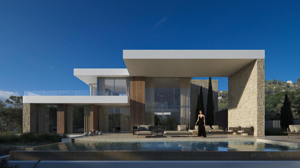 Vue extérieure avec piscine à débordement, structures de toit en porte-à-faux et façade alliant pierre naturelle, panneaux de bois et vastes parois vitrées.