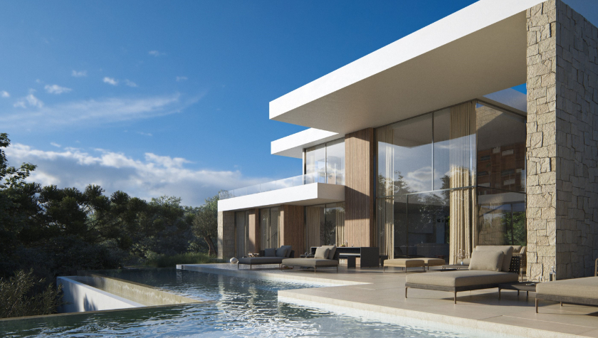 Vue extérieure présentant la piscine à débordement à plusieurs niveaux, des murs en pierre naturelle et de larges façades vitrées sous un toit en porte-à-faux.