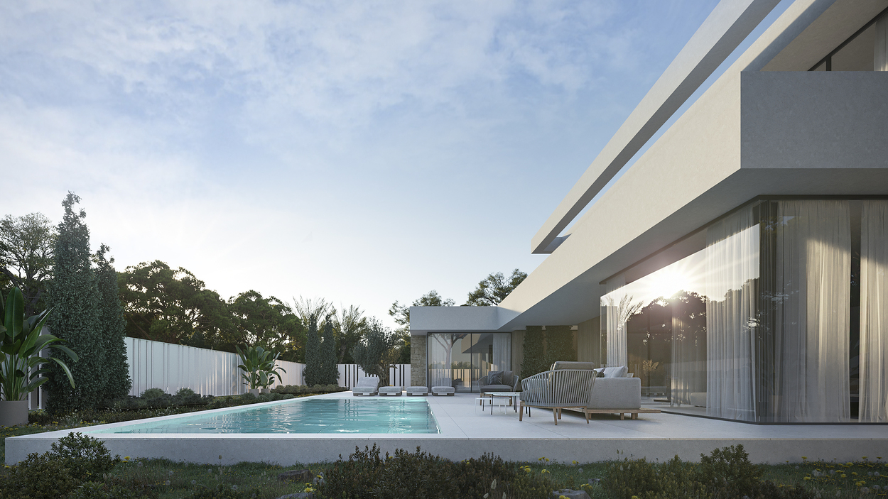 Extérieur moderne avec piscine rectangulaire, vaste terrasse en pierre avec mobilier de salon et grandes baies vitrées reflétant le soleil.