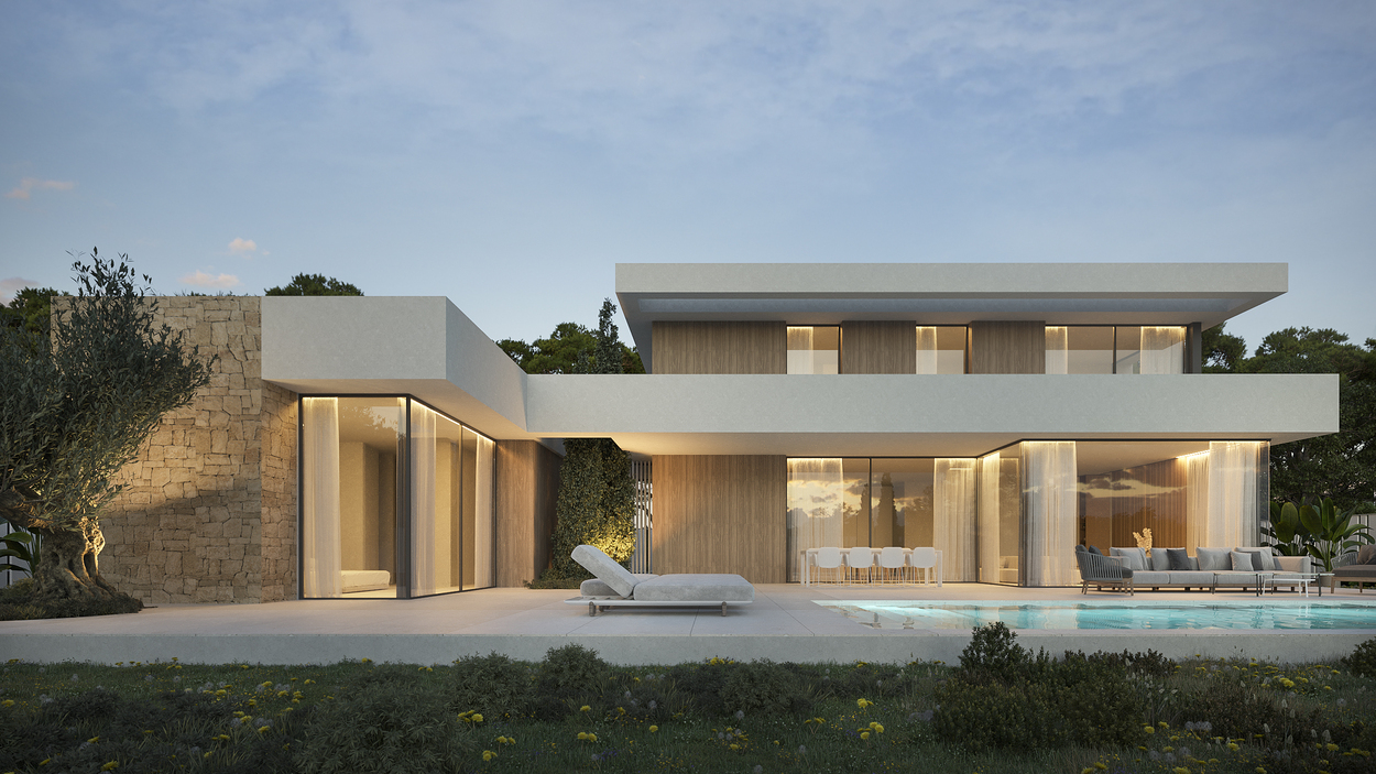 Façade de villa moderne avec murs en pierre naturelle, bardage bois et grandes baies vitrées donnant sur la piscine et la terrasse paysagée.